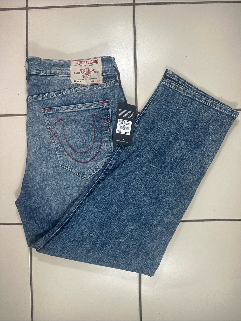 True Religion Bobby Baggy Jeans Men 36+32 NWT Lite Celestine Wash Red Horseshoe